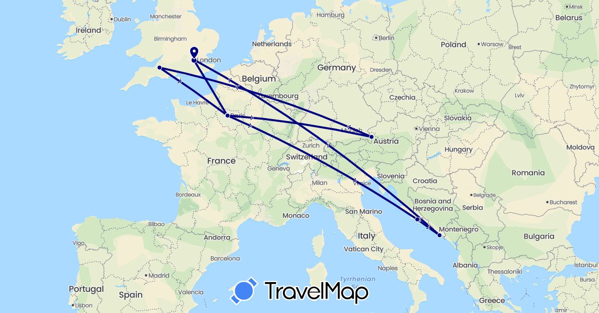 TravelMap itinerary: driving in Austria, France, United Kingdom, Croatia (Europe)